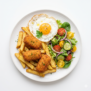 Croquetas Con Patatas, Ensalada Y Huevo