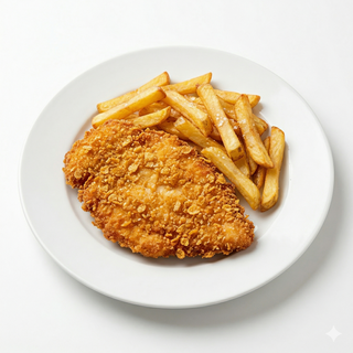 Escalope de pollo crujiente picante con patatas