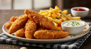 Gujoane de pui crispy cu cartofi prăjiți și sos de usturoi