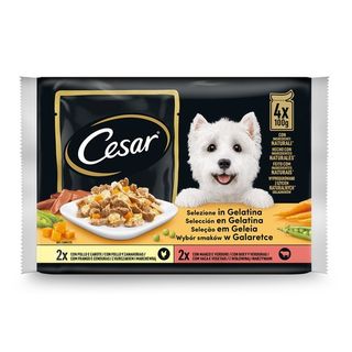 Comida para Perro Delicias Selección Bocaditos en Gelatina Carne y Zanahoria y Buey y Verduras 4x100g (Paquete 400g)
