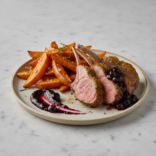 Cotlet de miel cu cartofi dulci la cuptor si sos de afine