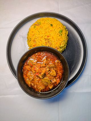 Asun fried rice + peppered meat sauce