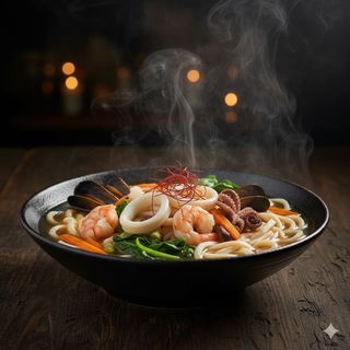 Udon con frutti di mare e verdure