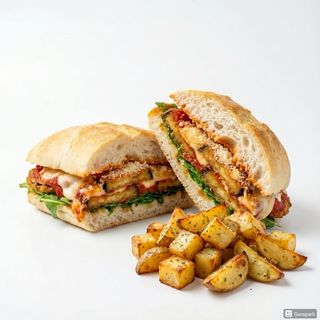 Panino con parmigiana e insalata + patate al forno