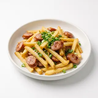Patatas Fritas Con Salchichas Y Verdeo