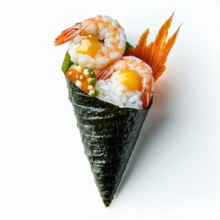 Temaki riso, gambero in tempura, uova di pesce