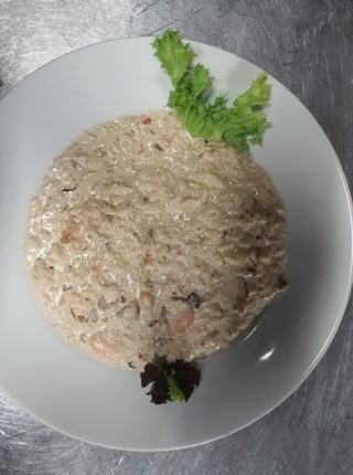 Rissotto con Gambas, Champiñones y queso Parmesano