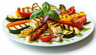 Зеленчуци на плоча със запечено сирене Халуми