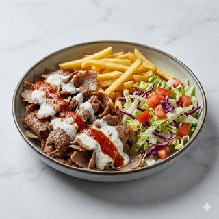 Döner kebap con patate e insalata