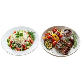 Шопска салата + глазирани свински ребърца с гриловани зеленчуци