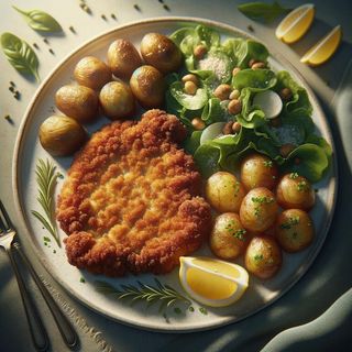 Sznycel po wiedeńsku z ziemniakami opiekanymi i surówkami