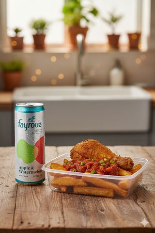 Fried yam, chicken and a drink