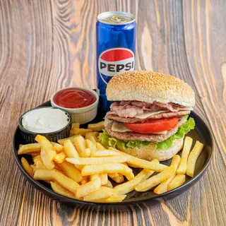 Slaninica burger, 200g pomfrit i Pepsi