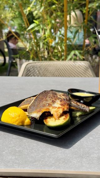 Филе лаврак с пармезанов черен ориз и гриловани тиквички