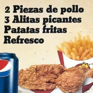 2 piezas de pollo + 3 alitas + patatas + refresco