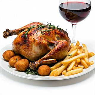 3 Pollo A L'Ast Entero Con Patatas Con Vino Más Croquetas De Pollo