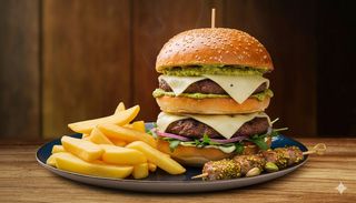 Panino con patatine e spiedino al pistacchio