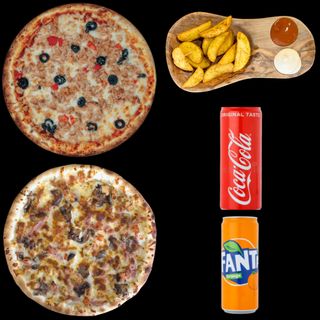 Pizza chicken suprême+ pizza Tuna fish +Portion Spicy Wedges+ 2 sodas