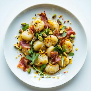 Gnocchi speck, zafferano, pistacchi rucola
