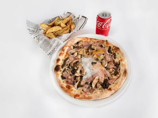 1 pizza mediana, patatas + refresco