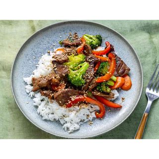 Beef Stir Fry with Vegetable Rice and Greens