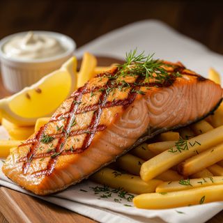 Łosoś grillowany z frytkami