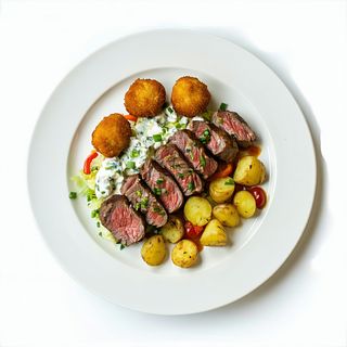 Cachopo Con Ensaladilla Y Patatas
