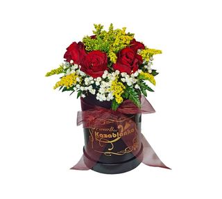 Crvene ruže, gipsofila, soldago i paprat u kutiji (RUK 029)