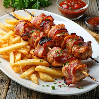 Rolovani pileći ražnjići u slanini 250gr sa pomfritom