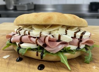 Mortadella, cacio, mozzarella, rucola, grana e glassa di A.B.