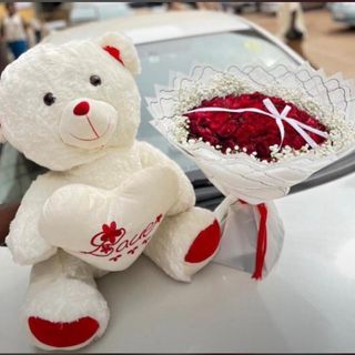 Velvet red roses paired with a Teddy bear