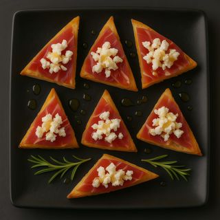 Tosta de rulo de cabra, jamón y miel