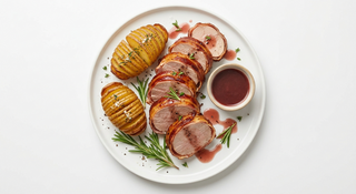 Muschiulet de purcel invelit in bacon cu cartofi hasselback