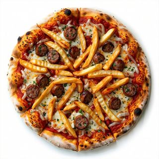 Pomodoro, mozzarella, patate fritte e salsiccia