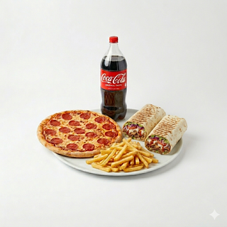 Menú 1 pizza familiar + 2 durum + patatas + bebida (2 lt.)