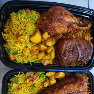Jollof + Fried rice + Peppered Chicken + 1 Side + 1 Drink