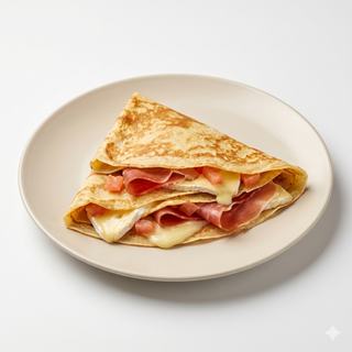 Crep con queso brie francés, jamón serrano y tomate (bretone)