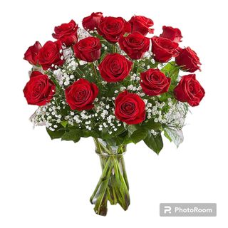 Ramo de 18 rosas con paniculata y verdes.