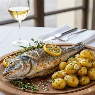 Лаврак на скара  с билков картоф