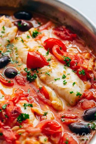 Fish Fillet In Tomato And Black Olives Sauce