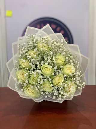 A Dozen White Roses & Babys Breathes
