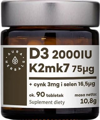 Witamina D3 D-3 2000 IU+ K2 K-2 75µg + cynk zinc 3mg + selen selenium 16,5µg 90 tabletek 10,8g Aura Herbals