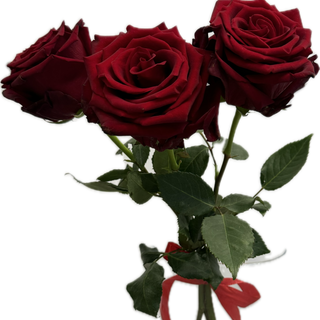 3 czerwone róże z materiałową wstążką