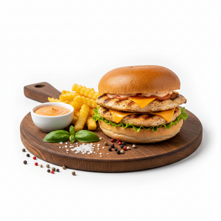 Hamburger Samurai cu cartofi prajiti si sos