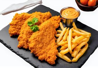 Șnițel de pui cu cartofi pai