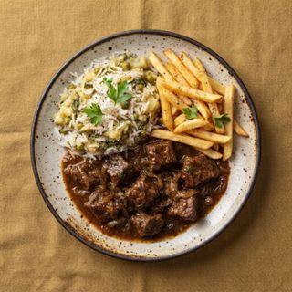 Beef Cubes With Rice/Mukimo/Fries