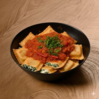 Raviolis de ricotta y espinacas salsa arrabiata (picante)