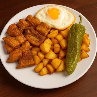Torreznos fritos con patatas y huevo frito