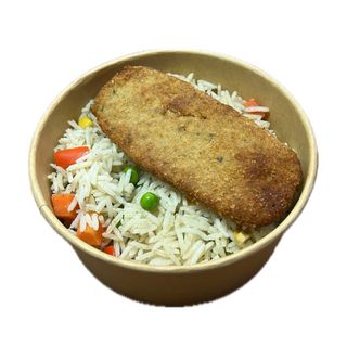 ბრინჯი ბოსტნეულით 200 გრ და ქათმის კოტლეტი 100 გრ