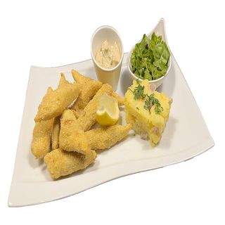 Хек пане с листен микс, мачкан картоф с лук и соева майонеза 300 г  